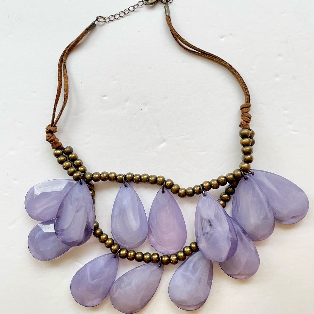 20” TEARDROP GLASS PENDANTS BRONZE BEAD LEATHER DOUBLE STRAND STATEMENT NECKLACE